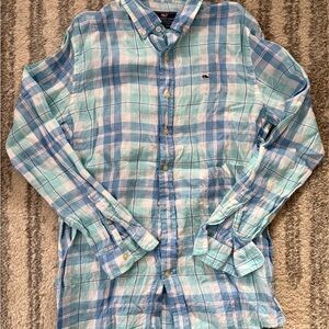 Vineyard Vines Aqua and White Plaid Kids Linen Shirt size XL